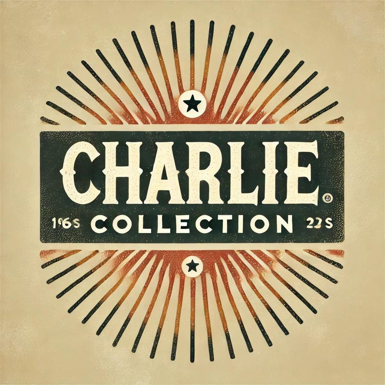 K&ouml;nnte beinhalten: Grafik im Vintage-Stil mit dem Text "CHARLIE COLLECTION" in einem rechteckigen Rahmen. Das Design zeigt ein Sonnenstrahlenmuster mit schwarzen und orangefarbenen Strahlen, zwei Sternen und den Jahren "196S" und "22S". Die Farbpalette umfasst Beige, Schwarz, Orange und Wei&szlig;.