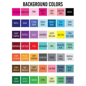 May include: A chart of 36 different color squares with the names of each color written below the square. The colors include magenta, bubblegum, pink, bright pink, light pink, salmon pink, black, navy, blue, royal blue, baby blue, bright blue, sky blue, light blue, deep purple, purple, lilac, lavender, light yellow, yellow, light sky blue, burgundy, crimson, red, turquoise, mint, turquoise blue, pearl aqua, dark orange, middle orange, light orange, charcoal, gray, light gray, barely gray, dark brown, nut brown, light brown, coral, salmon, tiffany blue, blue box, dark green, grass green, green, lime, light green, spring green, robins egg.