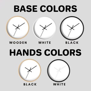 Puede incluir: Un gr&aacute;fico que muestra diferentes opciones de color para una esfera de reloj y agujas de reloj. Las opciones de esfera de reloj son de madera, blanco y negro. Las opciones de agujas de reloj son negro y blanco.
