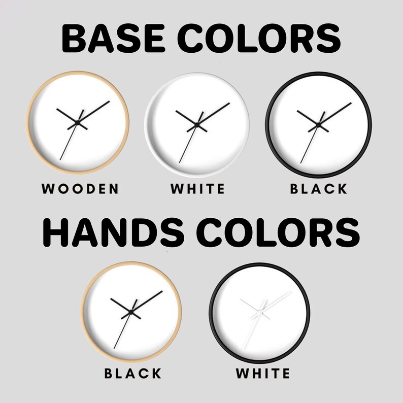 Puede incluir: Un gr&aacute;fico que muestra diferentes opciones de color para una esfera de reloj y agujas de reloj. Las opciones de esfera de reloj son de madera, blanco y negro. Las opciones de agujas de reloj son negro y blanco.