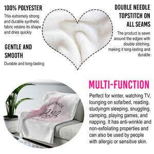 May include: A soft, white, plush blanket with the text "HANDMADE" and "BAB" in pink lettering. The blanket is on a gray couch. The text "100% POLYESTER" is in black text on a white background. The text "DOUBLE NEEDLE TOPSTITCH ON ALL SEAMS" is in black text on a white background. The text "GENTLE AND SMOOTH" is in black text on a white background. The text "MULTI-FUNCTION" is in pink text on a white background. The text describes the blanket's features and uses.
