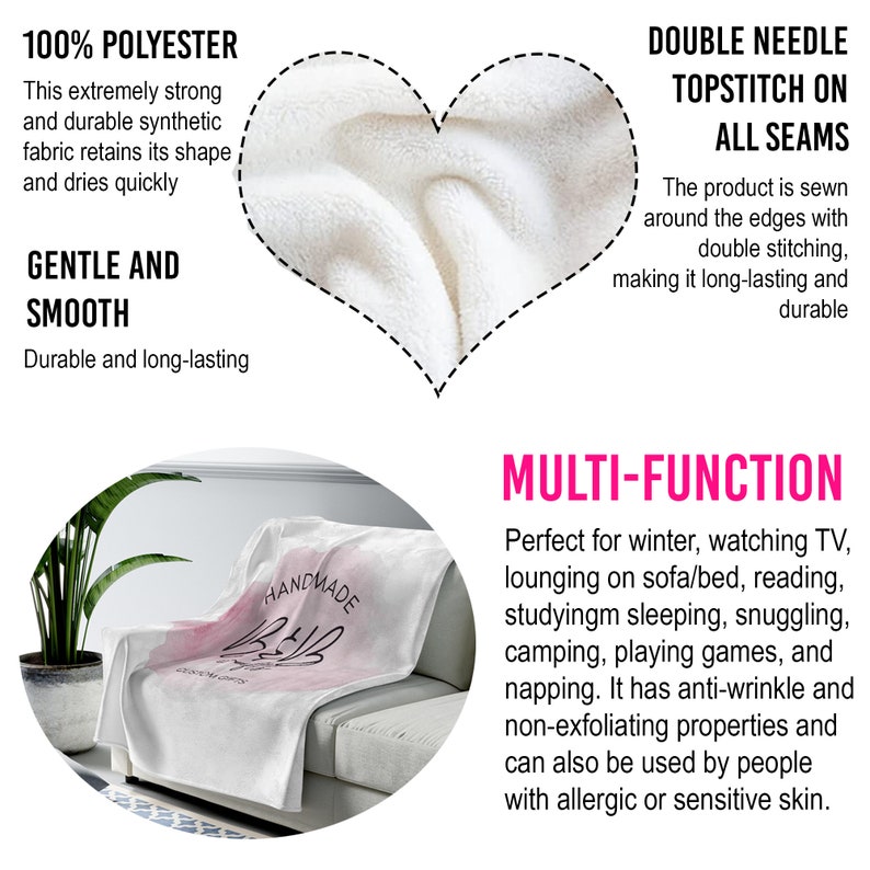 May include: A soft, white, plush blanket with the text "HANDMADE" and "BAB" in pink lettering. The blanket is on a gray couch. The text "100% POLYESTER" is in black text on a white background. The text "DOUBLE NEEDLE TOPSTITCH ON ALL SEAMS" is in black text on a white background. The text "GENTLE AND SMOOTH" is in black text on a white background. The text "MULTI-FUNCTION" is in pink text on a white background. The text describes the blanket's features and uses.