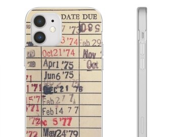 May include: A close-up of a white iPhone case with a vintage library card design. The card has handwritten dates and numbers, including "DATE DUE" and "Oct 21 '74".
