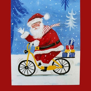 NEU! Postkarte Weihnachtsmann auf Fahrrad