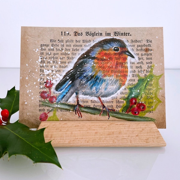 NEU! Weihnachtspostkarte, Rotkehlchen auf alter Buchseite mit passendem Text, Netter Gruß für Vogelliebhaber
