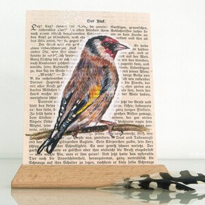 Postkarte Vogelillustration, Distelfink auf alter Buchseite mit passendem Text, Netter Gruß für Vogelliebhaber oder einfach so