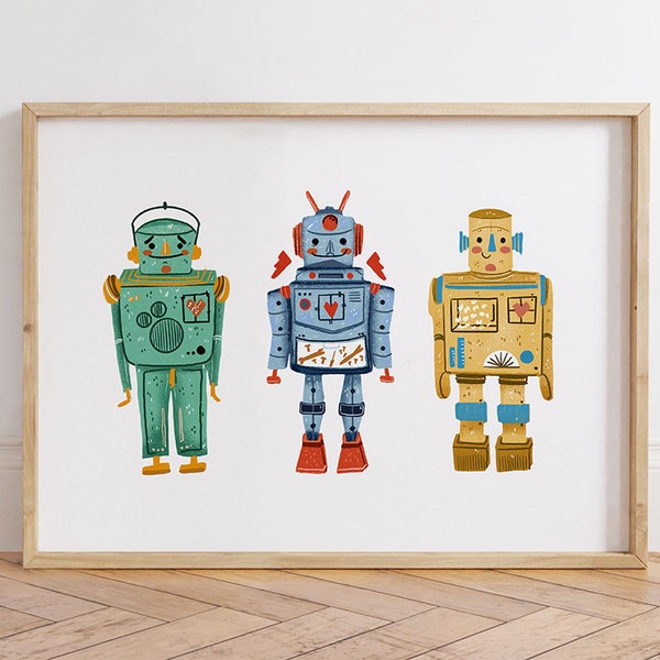 Kids Retro Robot Wall Print, Printable Robot Art for Nursery and Kids Room, Pastel Classic Kids Wall Art, Robot Print for Modern Kids Decor