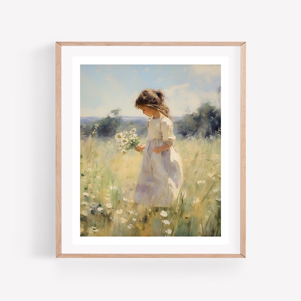 Vintage Nursery Decor, Field of Flowers Oil Painting, Girl's Room Wall Art, Antique Landscape Print, Baby Girl, Farmhouse Bedroom Printable