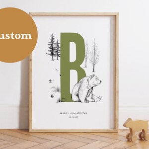 Custom Bear Initial Print, Personalised Name Printable, Woodland Monogram for Boy&#39;s Room, Bear Nursery Wall Decor, Baby Boy Initial Wall Art