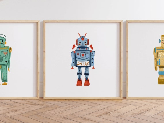 Retro Robot Art Prints Set, Modern Nursery Decor (Digital Download)