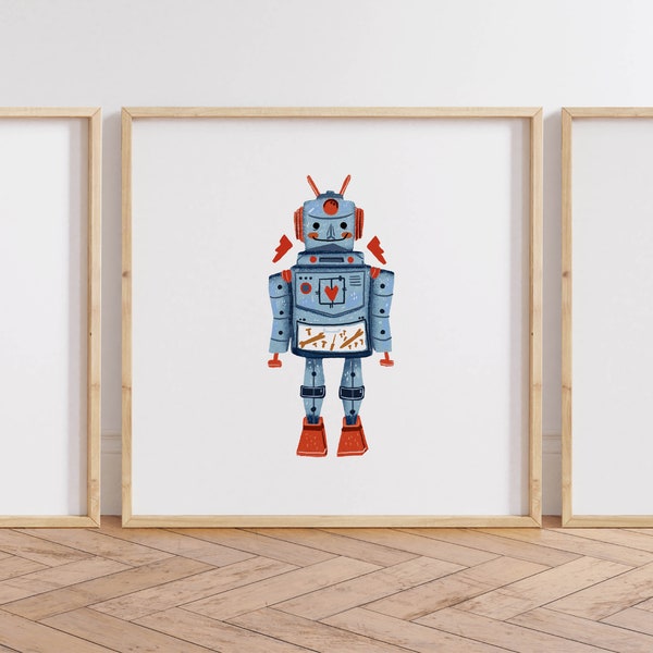 Lot de 3 impressions murales robot rétro pour enfants, art robot imprimable pour chambre de bébé, art mural pastel pour enfants, impression robot pour décoration de bébé moderne, robot rétro