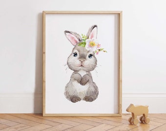 Cute Bunny Wall Art, Printable Baby Rabbit Wall Print, Art for Girls Room, Animal Wall Art, Nursery Wall Decor, Digital Download, Kids Decor