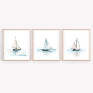 Set of 3 Sail Boats, Nautical Decor, Nursery Wall Art, Coastal Print for Boy&#39;s Room, Kids Vintage Watercolor Art, Gift for Baby Boy, Ocean