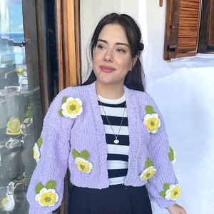 Lilac/ecru Roses Chunky Cropped Cardigan for Woman , Lilac Lilac/ecru Roses Chunky Cropped Cardigan for Woman , Lilac