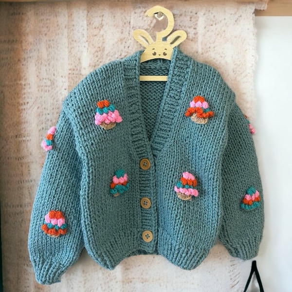 Cardigan vert menthe pour filles avec broderie cupcake colorée, vêtements tricotés pour bébé, pull fait à la main