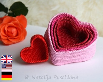 Crochet Pattern of 5 Basket - Heart, gift basket, heart shaped box, set of 5, gift boxes, step by step, easy, beginner