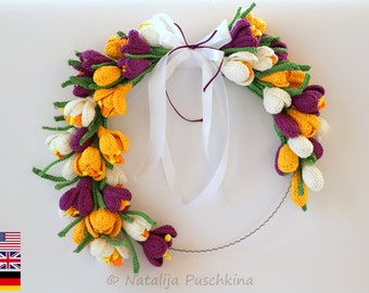 Crochet crocus wreath or bouquet for springtime, crochet flower pattern, crocheted crocuses, photo tutorial, easter amigurumi