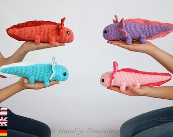 Axolotl Crochet Pattern, Amigurumi, axolotl amphibian, pdf, photo tutorial, pink, Realistic Axolotl, blue, beginner, toys, baby, plush, diy