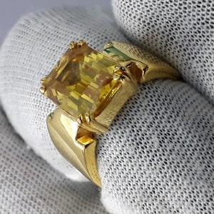 Yellow Sapphire Ring: 5.50 Carat Cushion Stone, Gold Plated Sterling Silver
