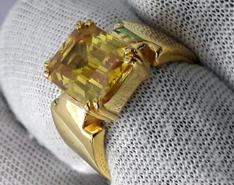 Yellow Sapphire Ring: 5.50 Carat Cushion Stone, Gold Plated Sterling Silver
