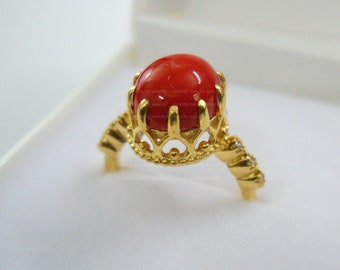 Natural Coral Ring Coral Ring for Women Real Red Coral Gemstone Ring Yellow Gold vermeil Jewelry anniversary christmas Gift For Her