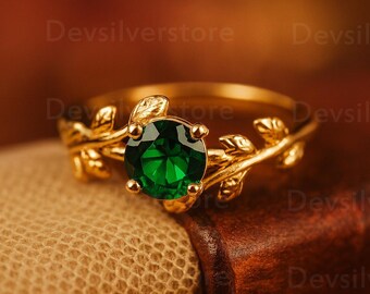 Emerald Ring, 925 Sterling Silver | Leaf Branch Design | Green Gemstone Gift for Her