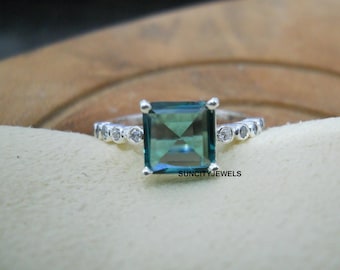 Teal Sapphire Ring: Sterling Silver, White Topaz Accent - Handmade