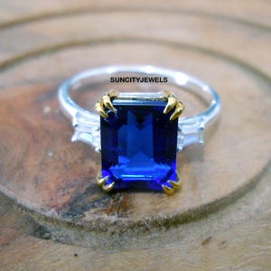 Blue Sapphire Sterling Silver Ring: 18k Gold Plated Bezel Setting