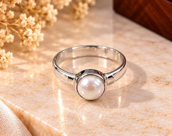 Anillo de perla natural, joyería de plata de ley 925, anillo de perla auténtica, joyería clásica de perlas, anillo minimalista, regalo elegante para ella.