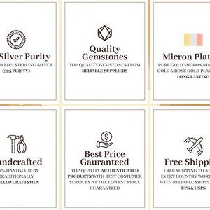 May include: A graphic with nine icons highlighting the benefits of buying jewelry from a particular shop. The icons include 925 Silver Purity, Quality Gemstones, Micron Plating, Handcrafted, Best Price Guaranteed, Free Shipping, and more.