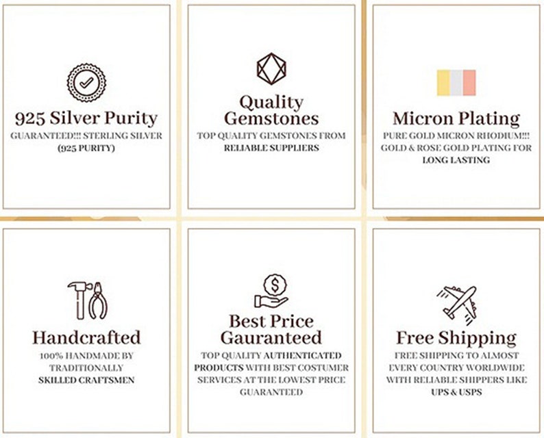 May include: A graphic with nine icons highlighting the benefits of buying jewelry from a particular shop. The icons include 925 Silver Purity, Quality Gemstones, Micron Plating, Handcrafted, Best Price Guaranteed, Free Shipping, and more.