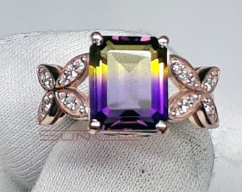 Art Deco Ametrine Ring: Rose Gold Sterling Silver, Emerald Cut
