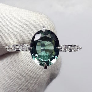 Peacock Green Sapphire Ring: 3.10 Carat Oval Sterling Silver Ring