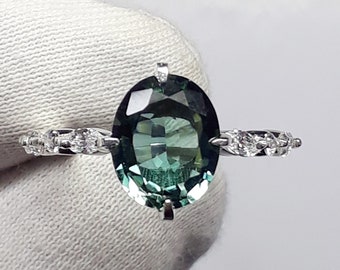 Peacock Green Sapphire Ring: 3.10 Carat Oval Sterling Silver Ring