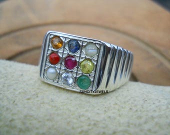 Anello navratna naturale, anello multipietra, anello con pietra portafortuna unisex, anello da uomo, anello con nove pietre, anello con pietre preziose da 3 mm, anello con nove pianeti