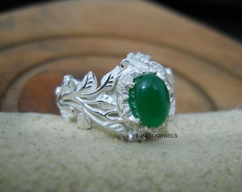 Natural Green Yemeni Aqeeq Ring, Sterling Silver, Branches Design, Nature Inspire, Gift For Her/Him
