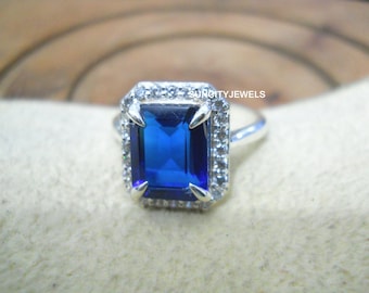 Blue Sapphire Sterling Ring, 925 Sterling Silver, Anniversary Birthday Gift For Her, Octagon Solitaire, Birthstone Jewelry