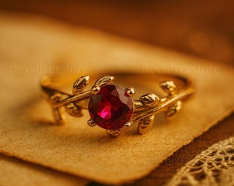 Ruby Ring, Nature Inspired, Minimalist Dainty Ring, Birthday Anniversary Gift For Her, 925 Sterling Silver or Gold Alloy