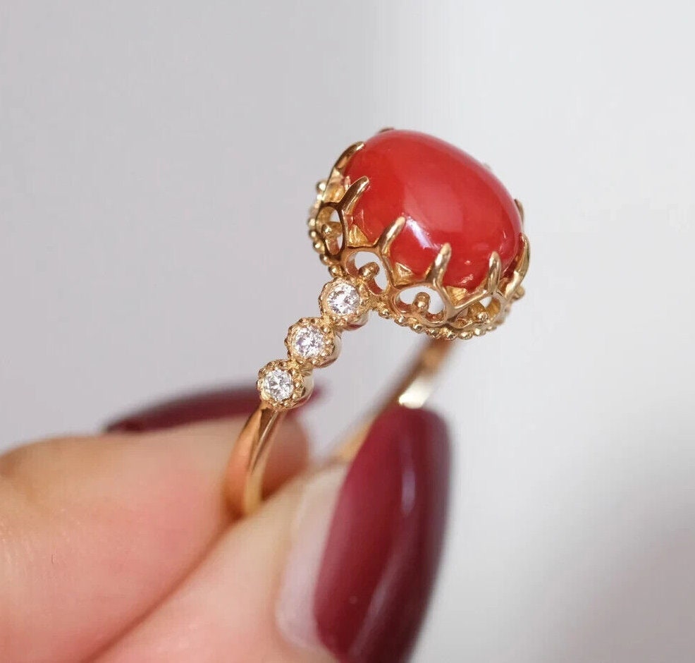 Premium Quality Natural Japanese Red Coral Moonga in 18k Gold Ring -  Gemstones.Co
