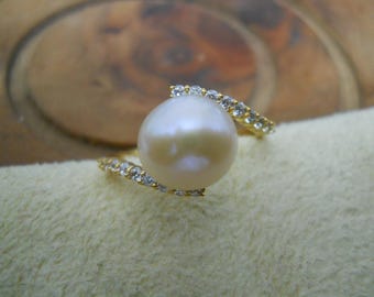 Gold Pearl Ring: 925 Sterling Silver Band, Round Gemstone