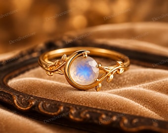 Moonstone Ring 925 Sterling Silver, Rainbow Moonstone Ring, Blue Flash Gemstone Ring, Nature Inspired Leaf Ring, Boho Statement Ring, Gift