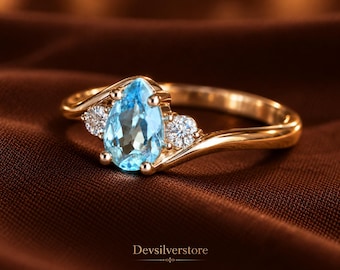 Aquamarine Pear Cut Ring, 925 Sterling Silver Ring, Blue Gemstone Ring, Teardrop Birthstone Ring, March Birthstone Jewelry, Gift for Her