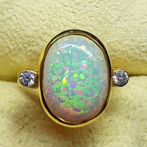 Natural Opal Ring: 22k Gold Plated 925 Sterling Silver, White Topaz