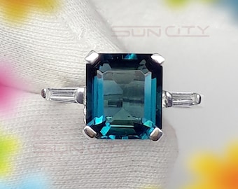 Teal Sapphire Engagement Ring: Square 5.25 Carat, Sterling Silver