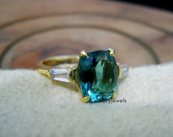 Handmade Teal Sapphire Ring: Cushion Cut Sterling Silver Anniversary Ring