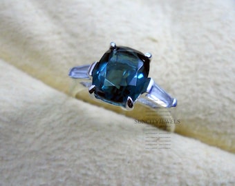 Teal Sapphire Ring: 4.5 Carat Cushion Cut, Sterling Silver