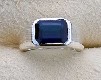 Natural Blue Sapphire Ring: Sterling Silver Bezel Set, Cushion Cut