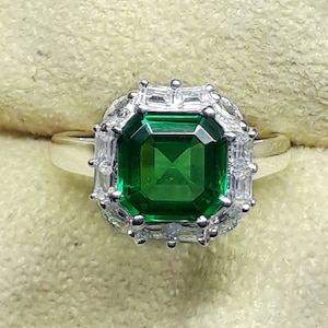 Emerald Sterling Silver Ring: Asscher Cut Gemstone, Birthstone Jewelry