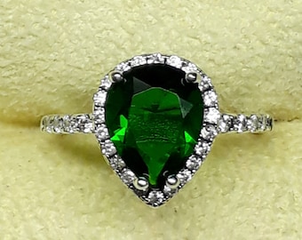 Pear Cut Emerald Ring: Sterling Silver Birthstone Ring