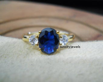 18k Gold Plated Sterling Silver Ring: Oval Blue Sapphire Solitaire